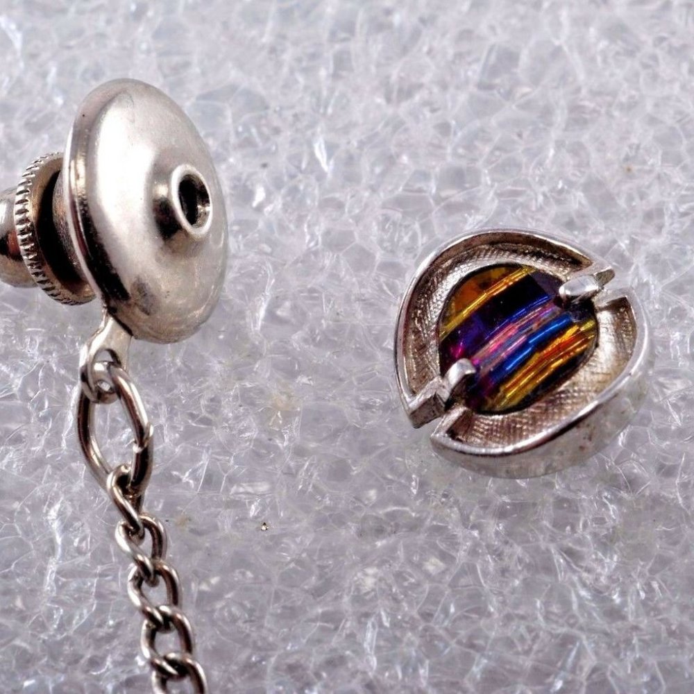 Vintage Swank Tie Tack Rainbow Glass Lapel Pin Silver Tone Metal Clasp 1/2"